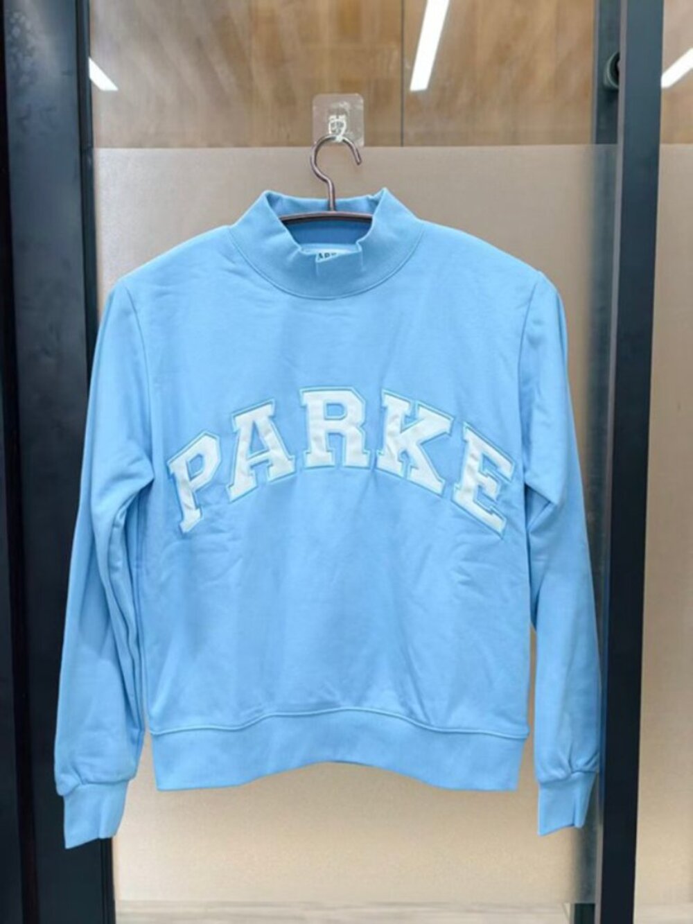 PARKE Baby Blue Mock Neck Sweatshirt White Embroidery Y2K
